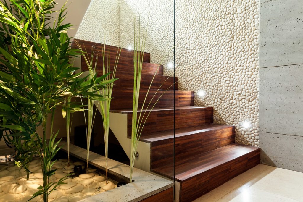 Magic stair lighting - Luxury interior with LED illuminated wooden staircase