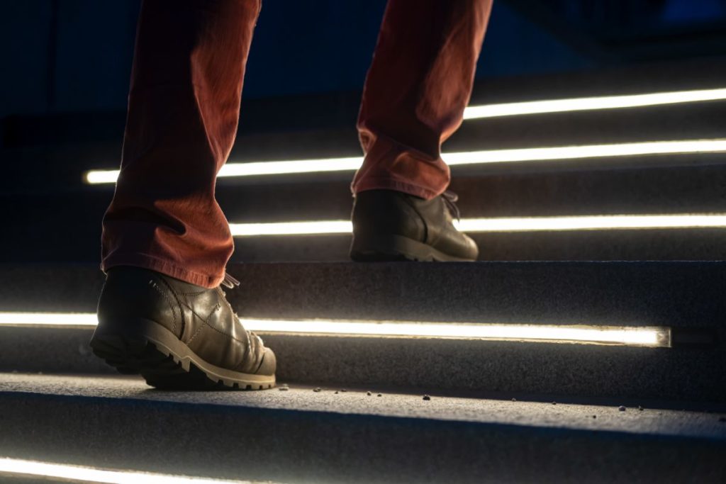 Safe walking up on LED lite stairs.